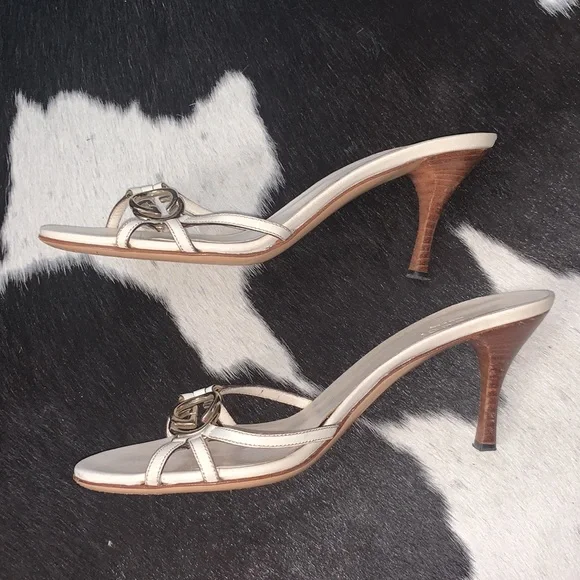GucciY2K White Slip On Monogram Medallion Peep Toe Mules 6.5